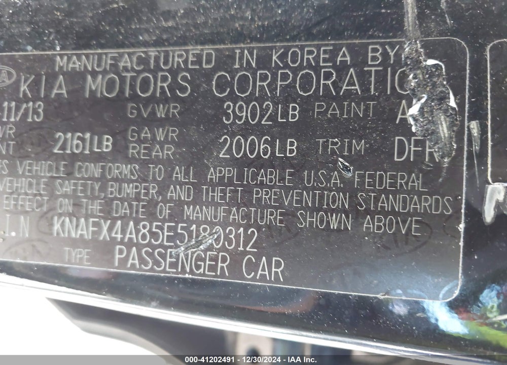 2014 KIA FORTE VIN: KNAFX4A85E5180312
