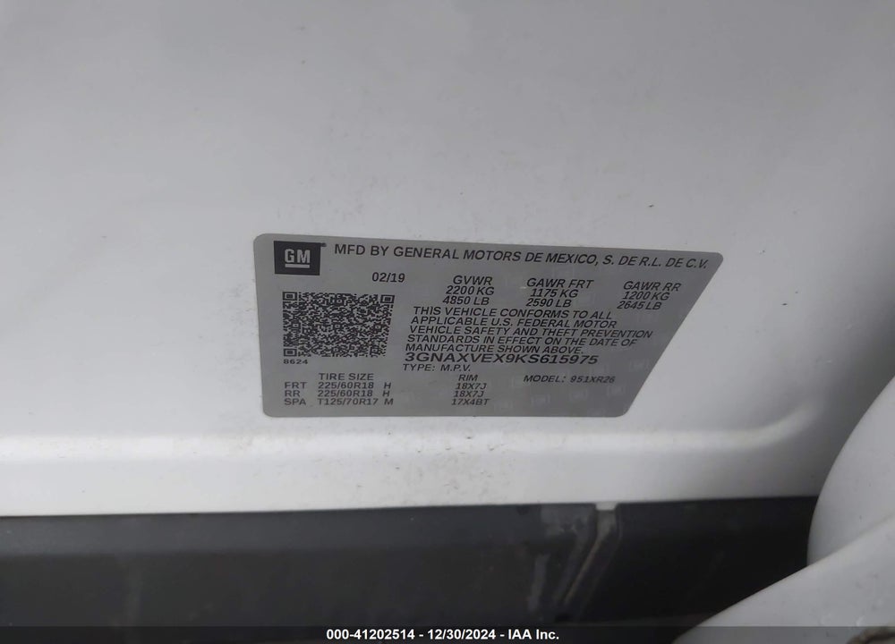 2019 CHEVROLET EQUINOX VIN: 3GNAXVEX9KS615975