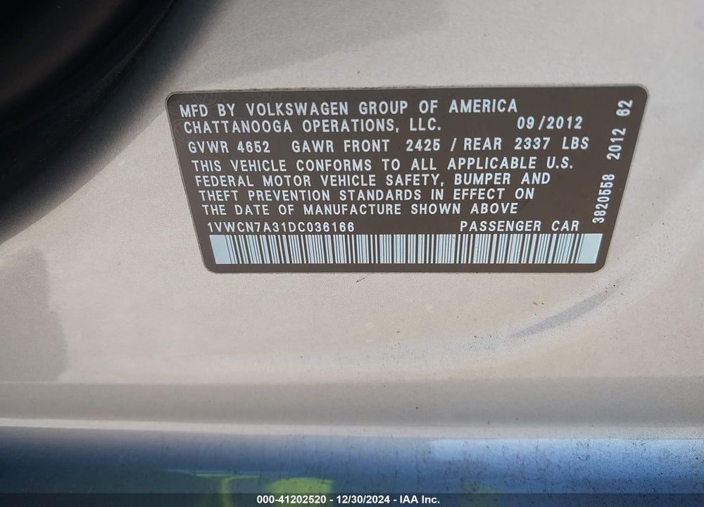 2013 VOLKSWAGEN PASSAT 2.0L TDI SEL PREMIUM VIN: 1VWCN7A31DC036166