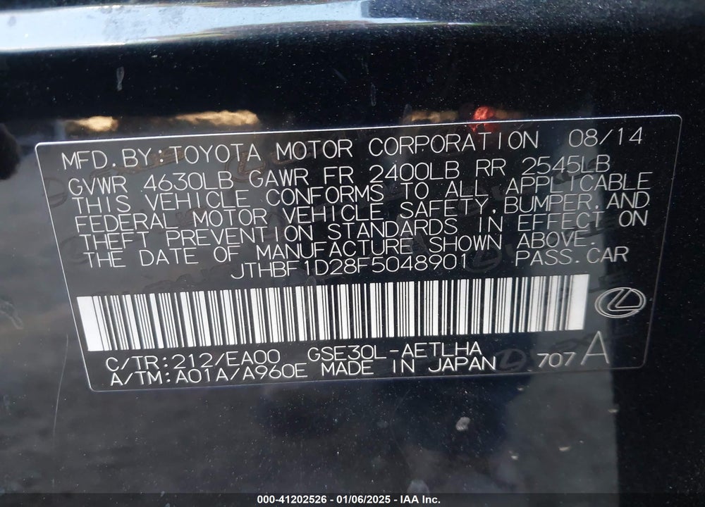 2015 LEXUS IS 250 VIN: JTHBF1D28F5048901