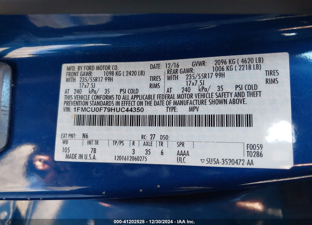 2017 FORD ESCAPE S VIN: 1FMCU0F79HUC44350