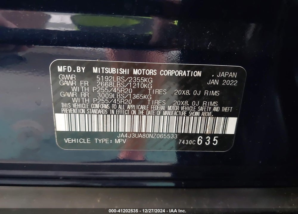2022 MITSUBISHI OUTLANDER BLACK EDITION 2WD/SE 2.5 2WD/SE LAUNCH EDITION 2WD VIN: JA4J3UA80NZ065533
