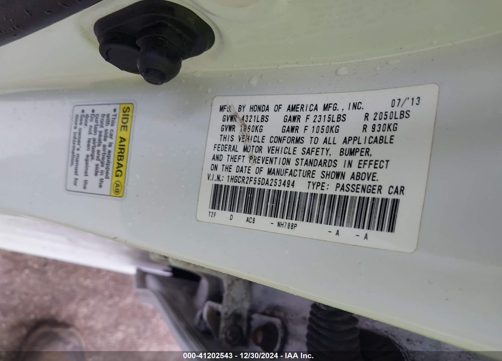 2013 HONDA ACCORD VIN: 1HGCR2F55DA253494