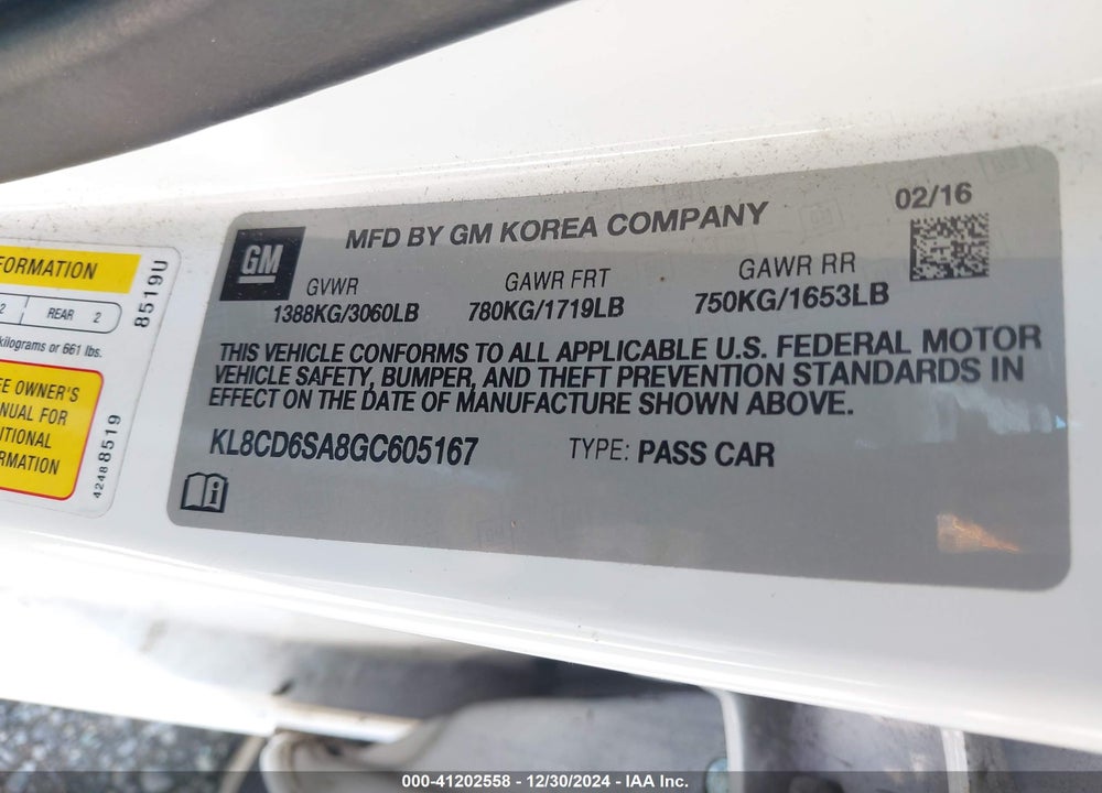 2016 CHEVROLET SPARK VIN: KL8CD6SA8GC605167