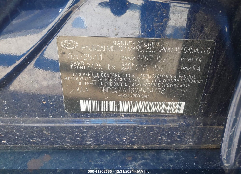 2012 HYUNDAI SONATA VIN: 5NPEC4AB6CH404478