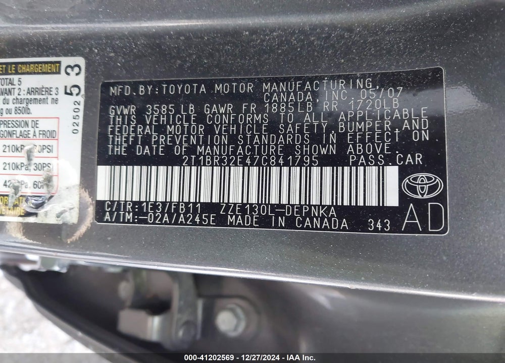 2007 TOYOTA COROLLA LE VIN: 2T1BR32E47C841795