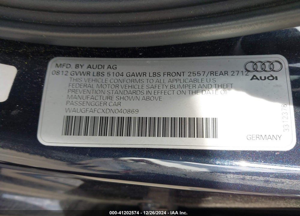 2013 AUDI A6 VIN: WAUGFAFCXDN040869