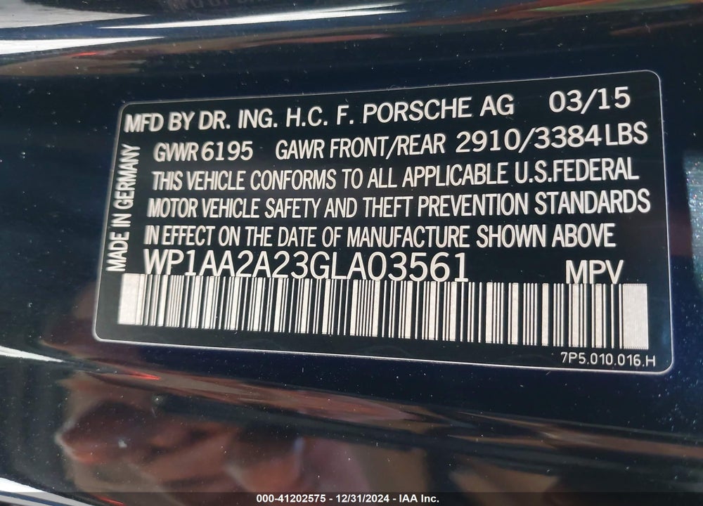 2016 PORSCHE CAYENNE VIN: WP1AA2A23GLA03561