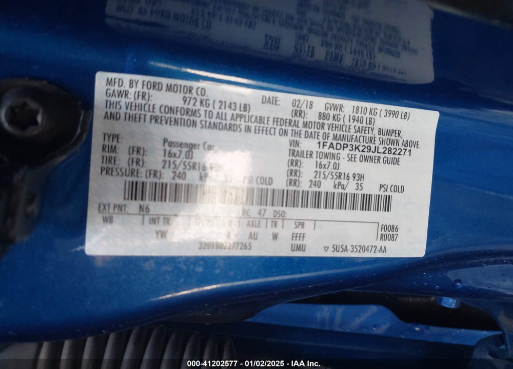 2018 FORD FOCUS VIN: 1FADP3K29JL282271