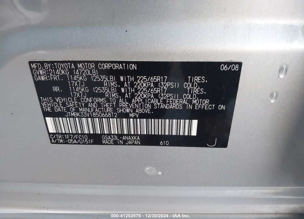 2008 TOYOTA RAV4 BASE V6 VIN: JTMBK33V185066812