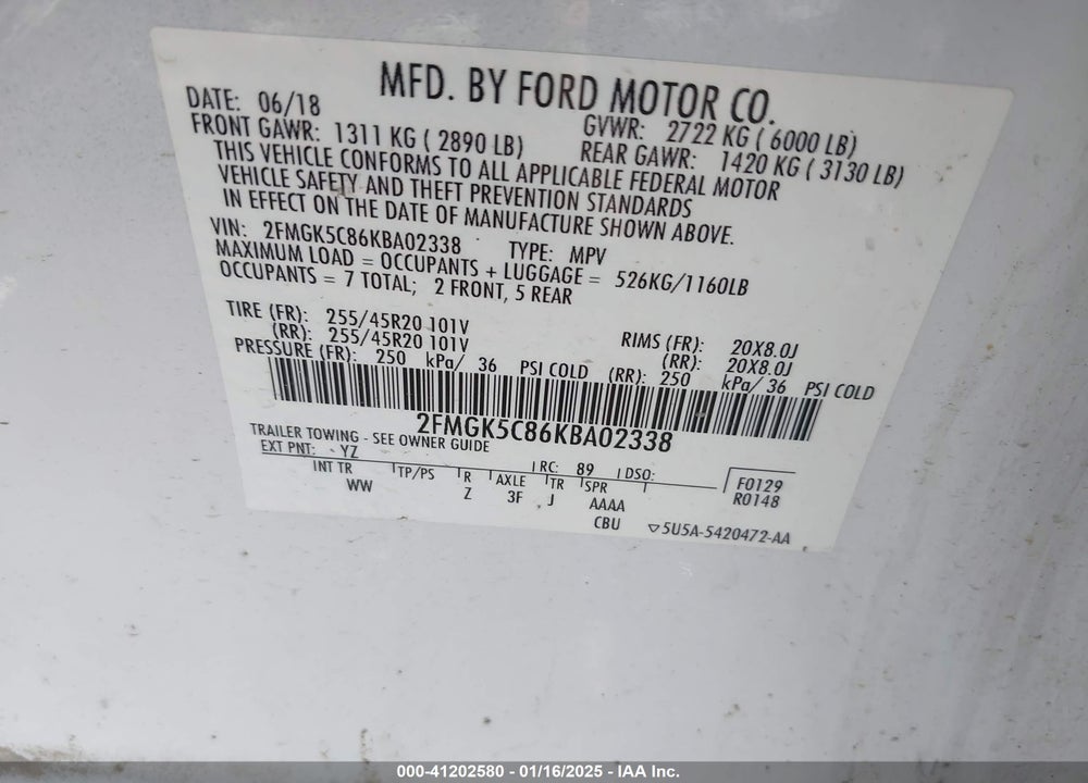 2019 FORD FLEX SEL VIN: 2FMGK5C86KBA02338