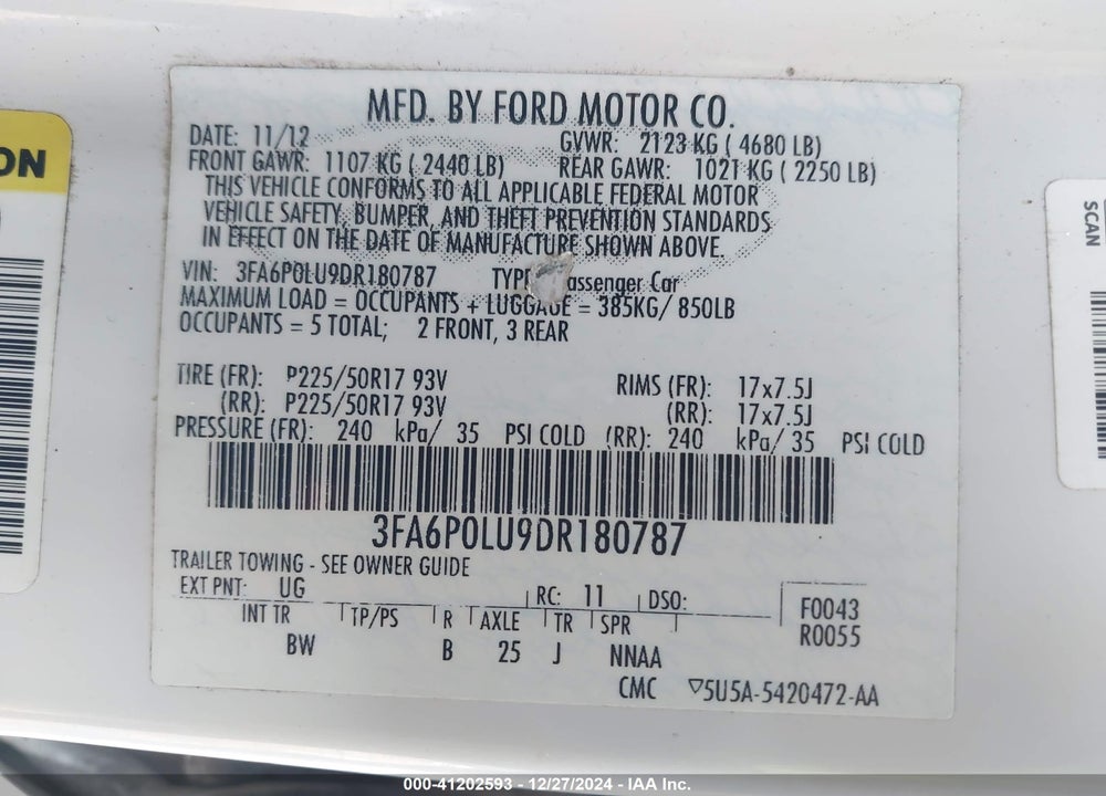 2013 FORD FUSION HYBRID SE VIN: 3FA6P0LU9DR180787