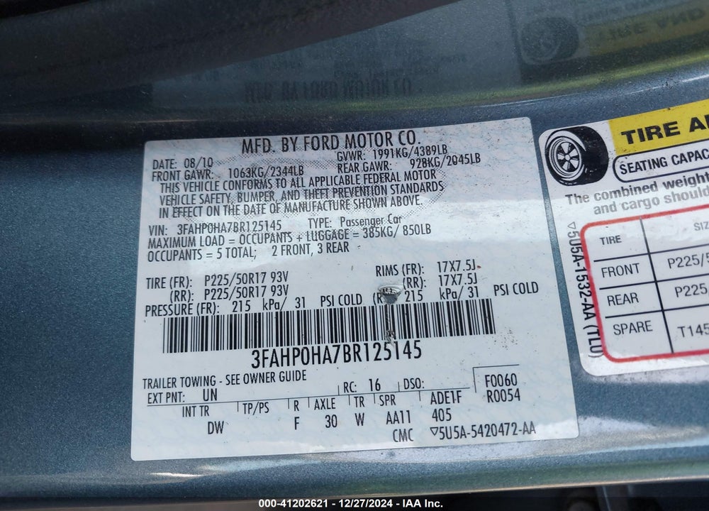 2011 FORD FUSION SE VIN: 3FAHP0HA7BR125145