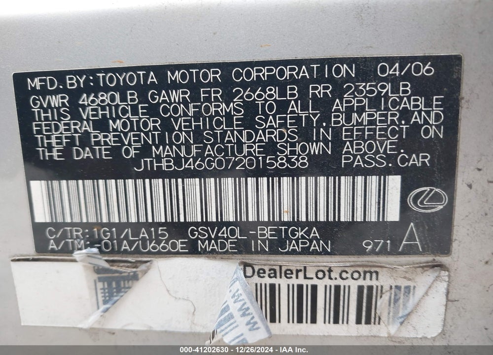 2007 LEXUS ES 350 VIN: JTHBJ46G072015838