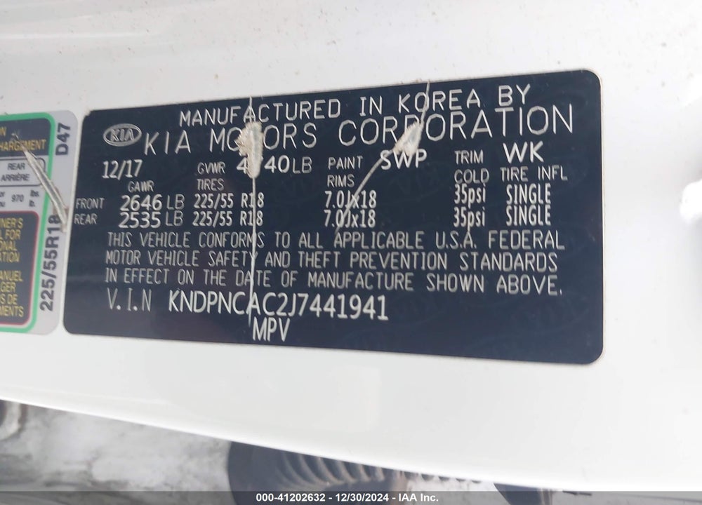 2018 KIA SPORTAGE EX VIN: KNDPNCAC2J7441941