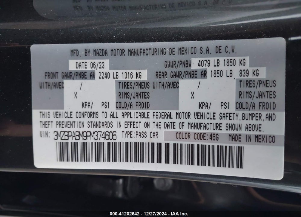 2023 MAZDA 3 2.5 S SELECT VIN: 3MZBPABM9PM374606
