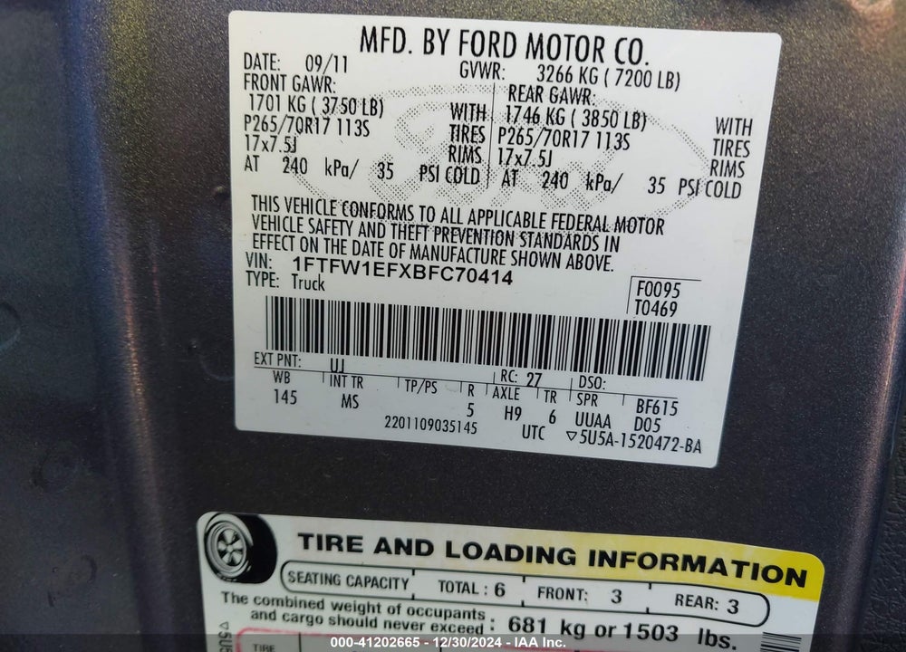 2011 FORD F-150 XLT VIN: 1FTFW1EFXBFC70414