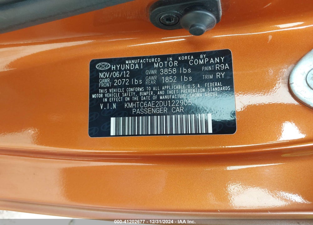 2013 HYUNDAI VELOSTER VIN: KMHTC6AE2DU122905