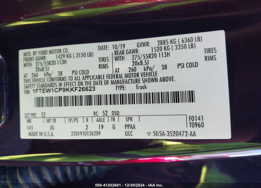 2019 FORD F-150 XL VIN: 1FTEW1CP9KKF26623