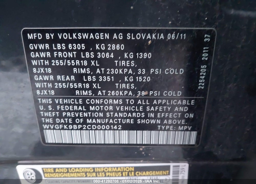 2012 VOLKSWAGEN TOUAREG TDI SPORT VIN: WVGFK9BP2CD000142