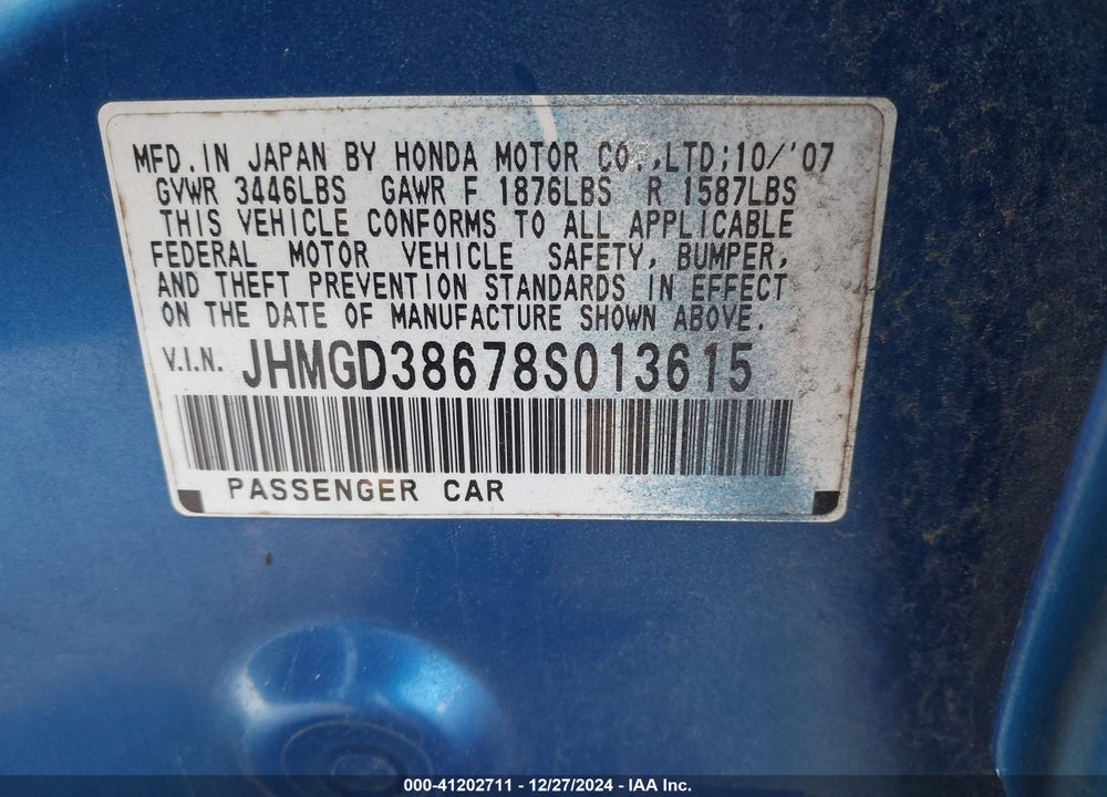2008 HONDA FIT SPORT VIN: JHMGD38678S013615