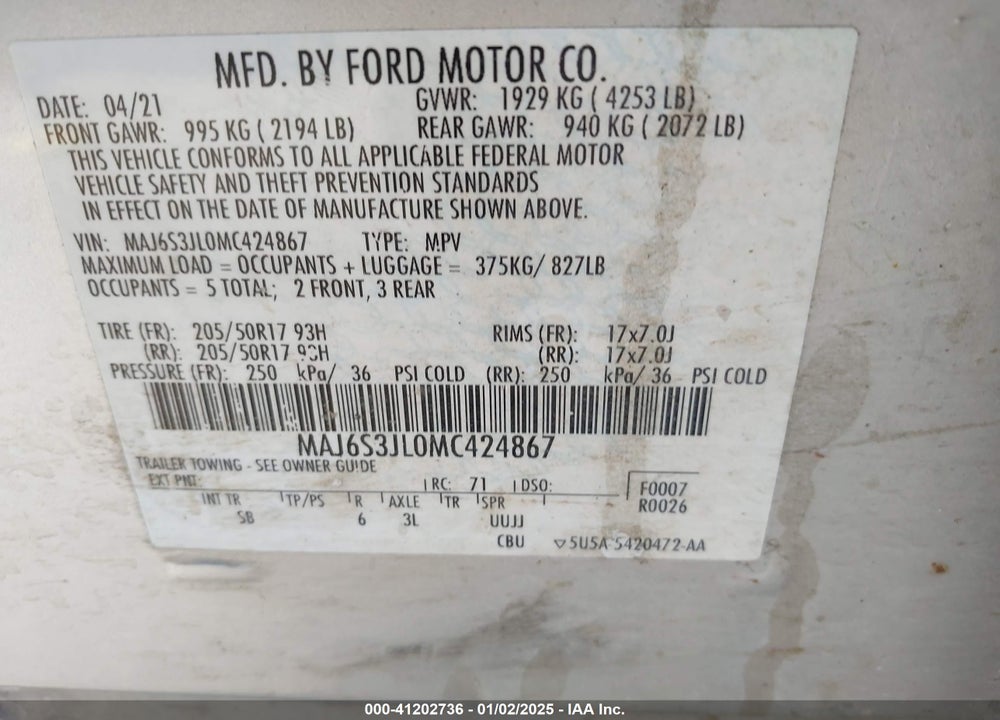 2021 FORD ECOSPORT SES VIN: MAJ6S3JL0MC424867