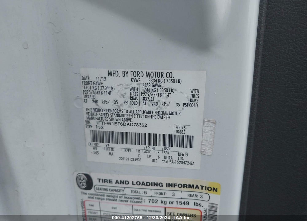 2013 FORD F-150 XLT VIN: 1FTFW1EF6DKD78362