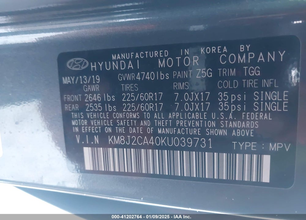 2019 HYUNDAI TUCSON VIN: KM8J2CA40KU039731
