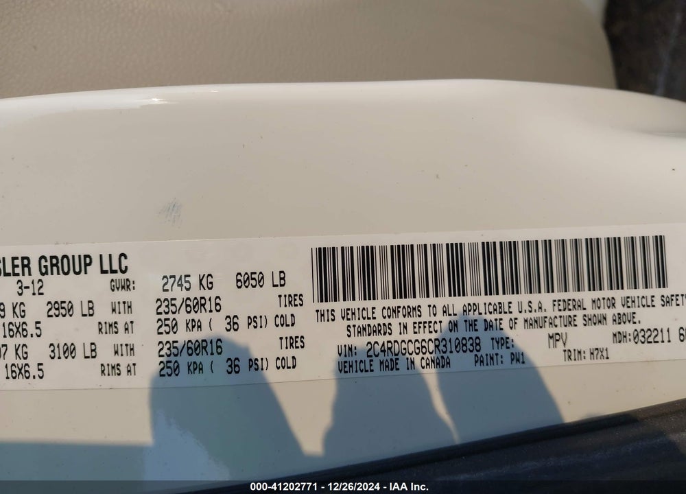 2012 DODGE GRAND CARAVAN SXT VIN: 2C4RDGCG6CR310838