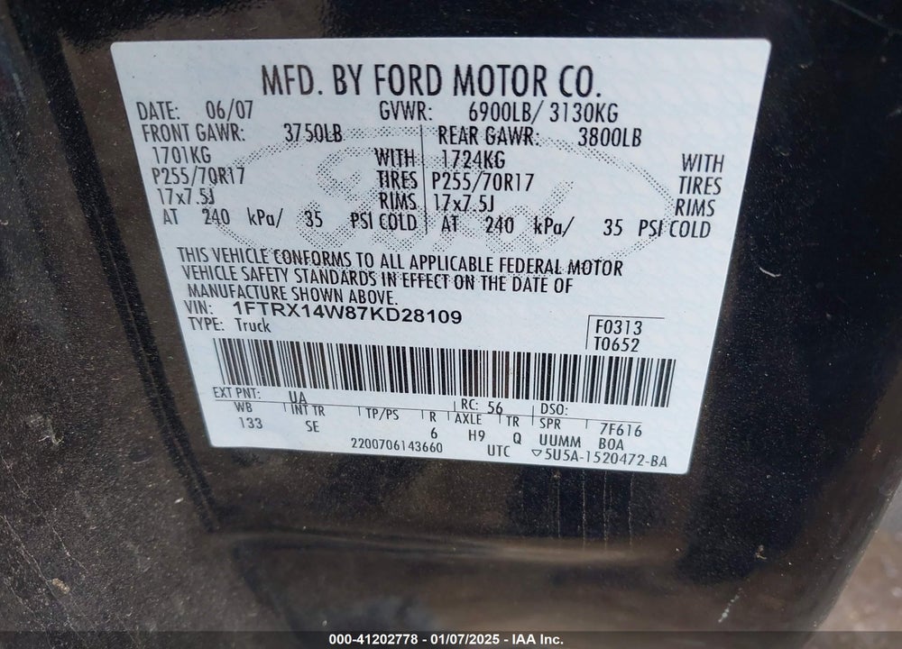 2007 FORD F-150 FX4/STX/XL/XLT VIN: 1FTRX14W87KD28109