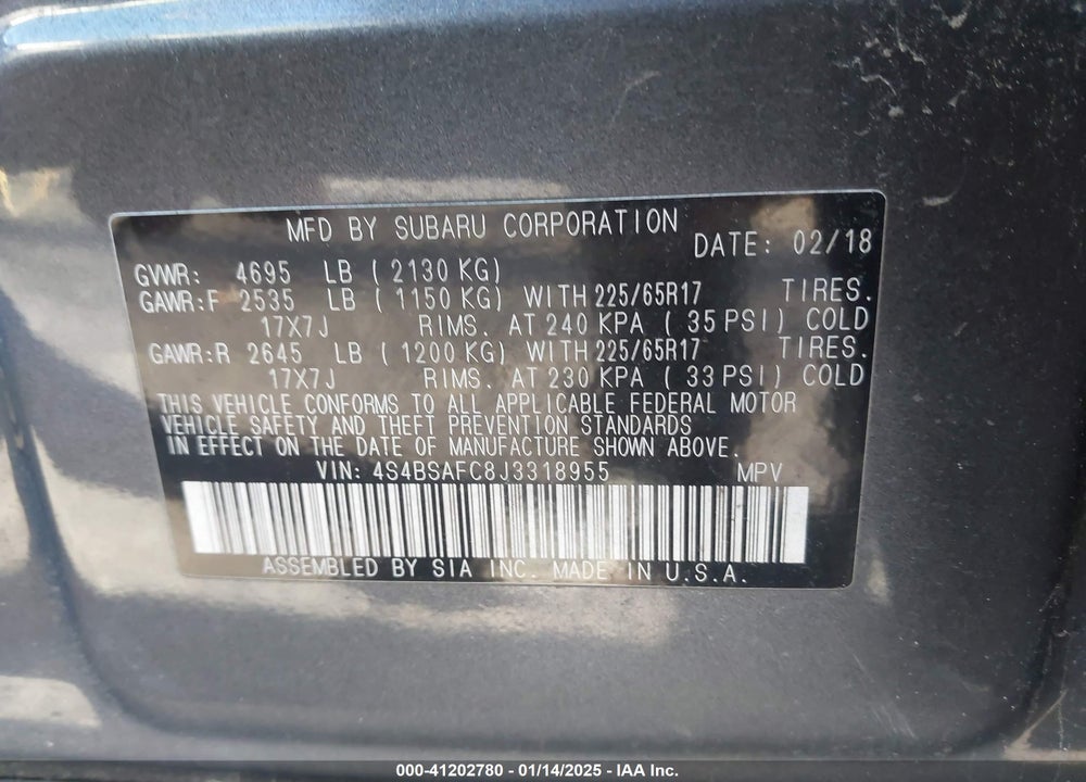2018 SUBARU OUTBACK 2.5I PREMIUM VIN: 4S4BSAFC8J3318955