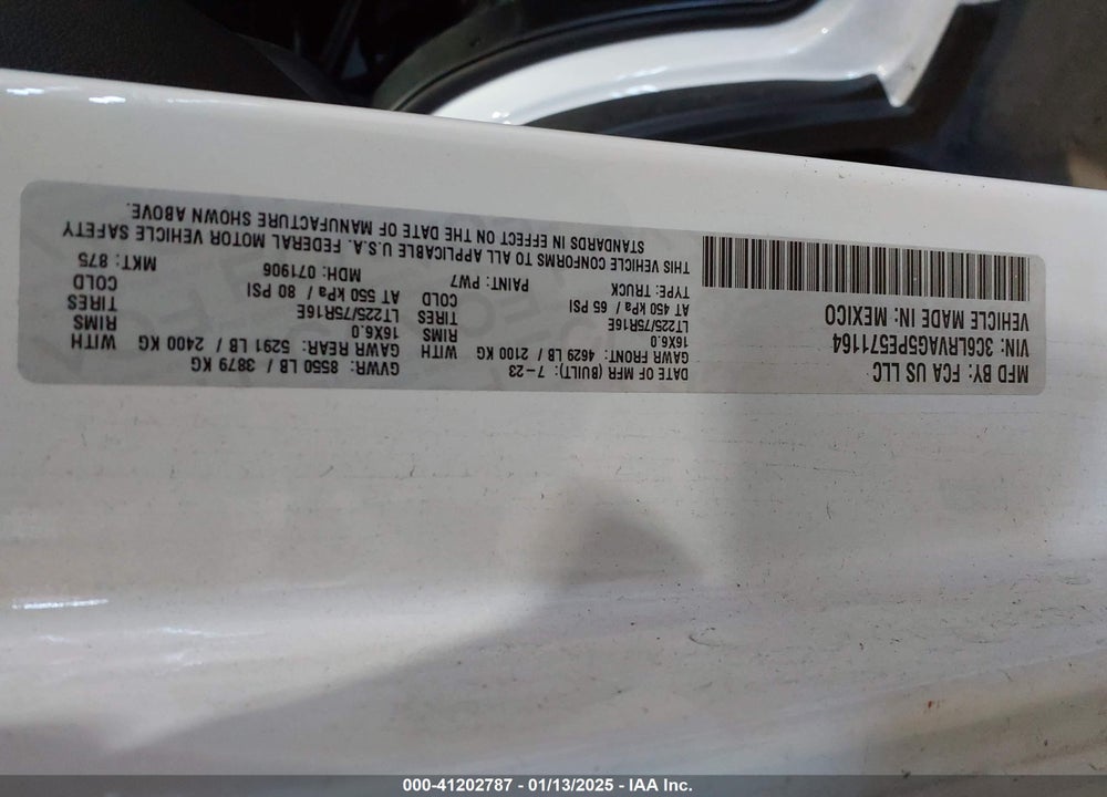 2023 RAM PROMASTER 1500 LOW ROOF 136 WB VIN: 3C6LRVAG5PE571164