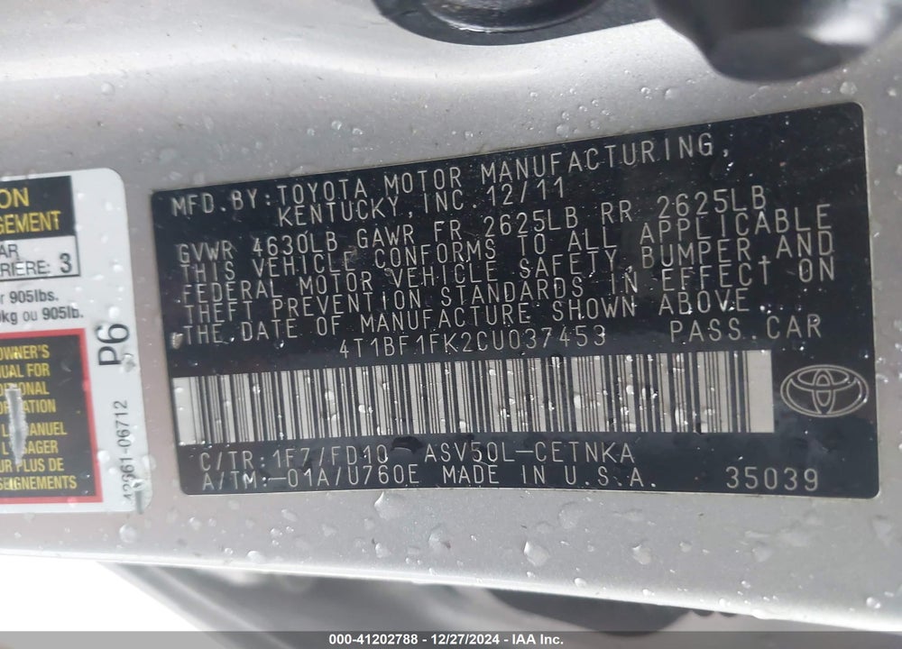 2012 TOYOTA CAMRY VIN: 4T1BF1FK2CU037453
