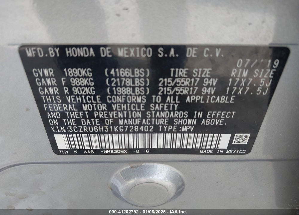 2019 HONDA HR-V LX VIN: 3CZRU6H31KG728402