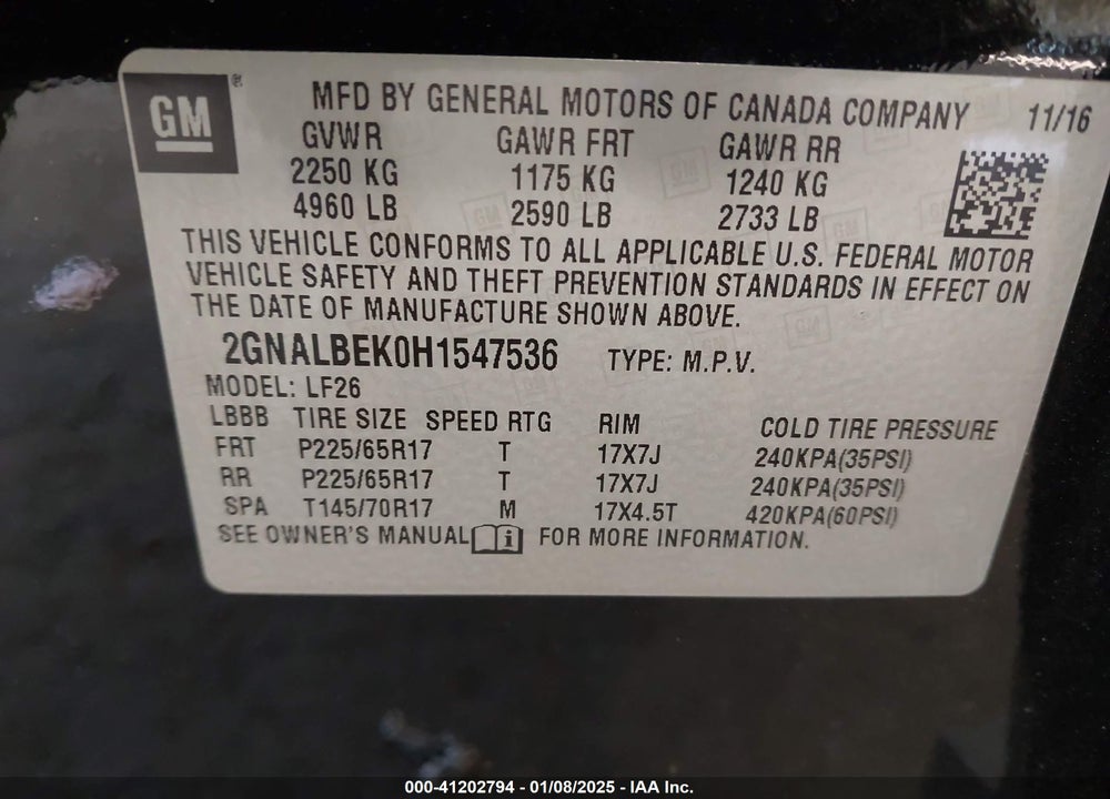 2017 CHEVROLET EQUINOX LS VIN: 2GNALBEK0H1547536