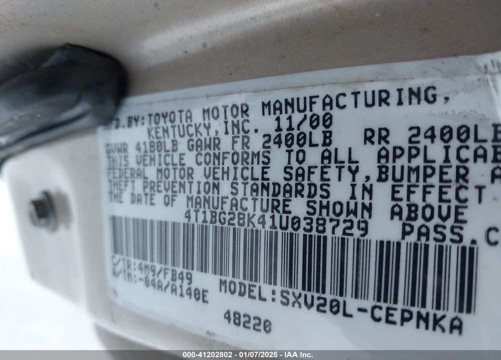 2001 TOYOTA CAMRY LE VIN: 4T1BG28K41U038729