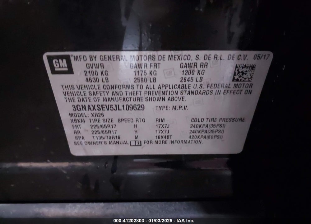 2018 CHEVROLET EQUINOX LT VIN: 3GNAXSEV5JL109629