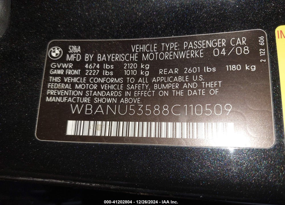 2008 BMW 528I VIN: WBANU53588C110509