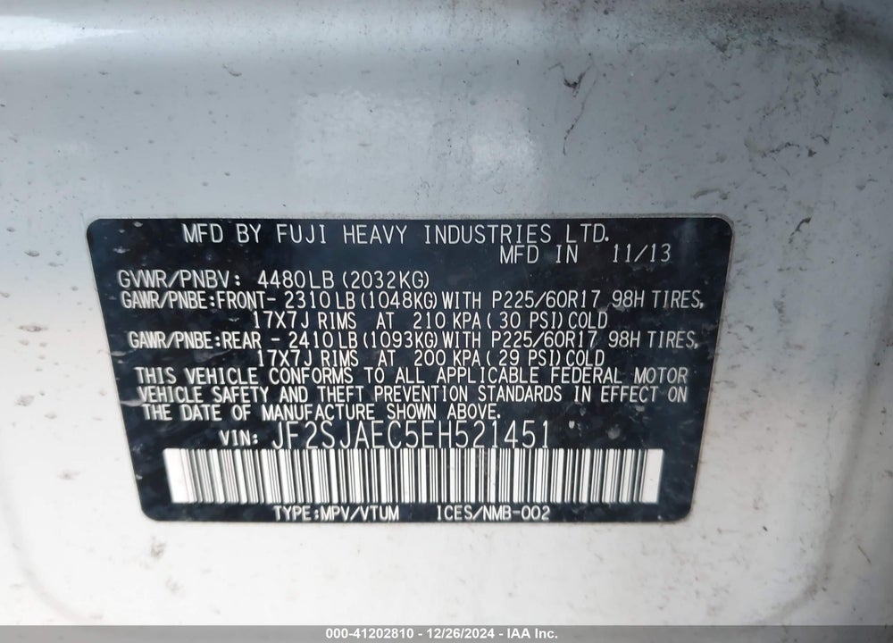 2014 SUBARU FORESTER 2.5I PREMIUM VIN: JF2SJAEC5EH521451