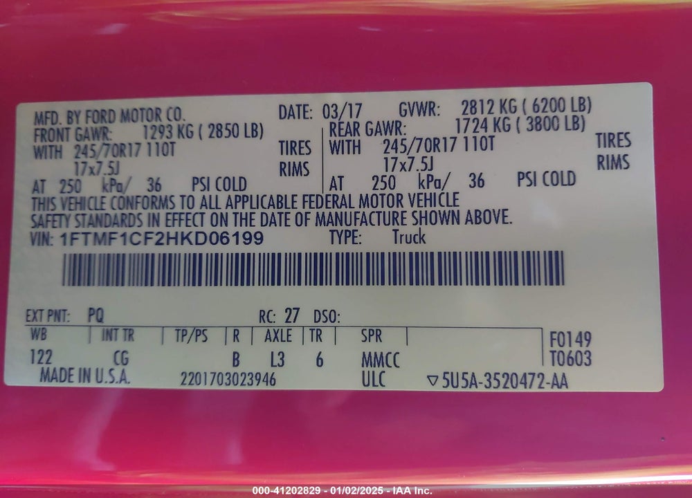2017 FORD F-150 XL VIN: 1FTMF1CF2HKD06199