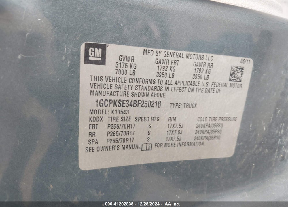 2011 CHEVROLET SILVERADO 1500 LT VIN: 1GCPKSE34BF250218