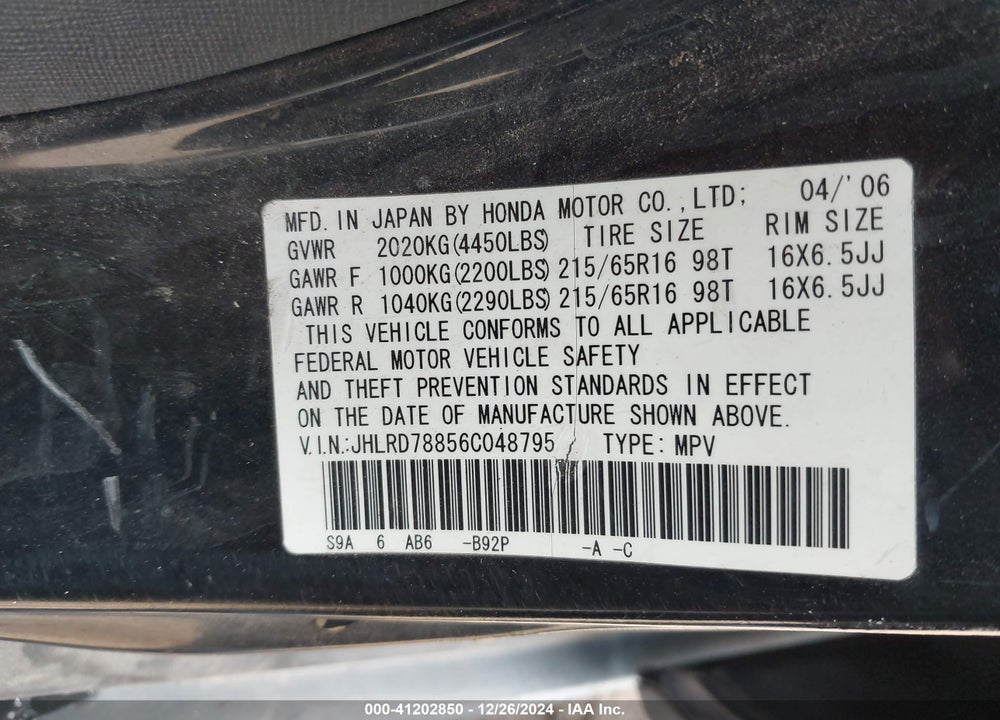 2006 HONDA CR-V EX VIN: JHLRD78856C048795