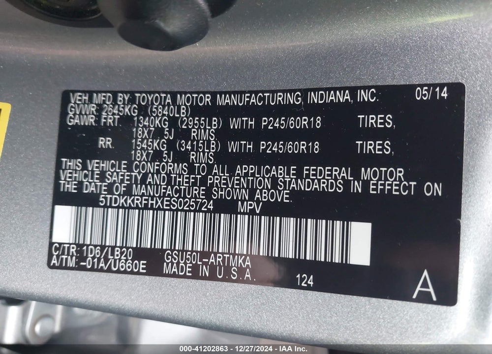 2014 TOYOTA HIGHLANDER VIN: 5TDKKRFHXES025724