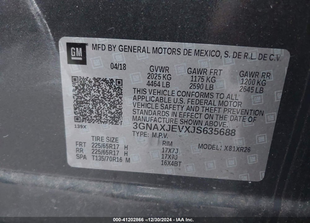 2018 CHEVROLET EQUINOX LT VIN: 3GNAXJEVXJS635688