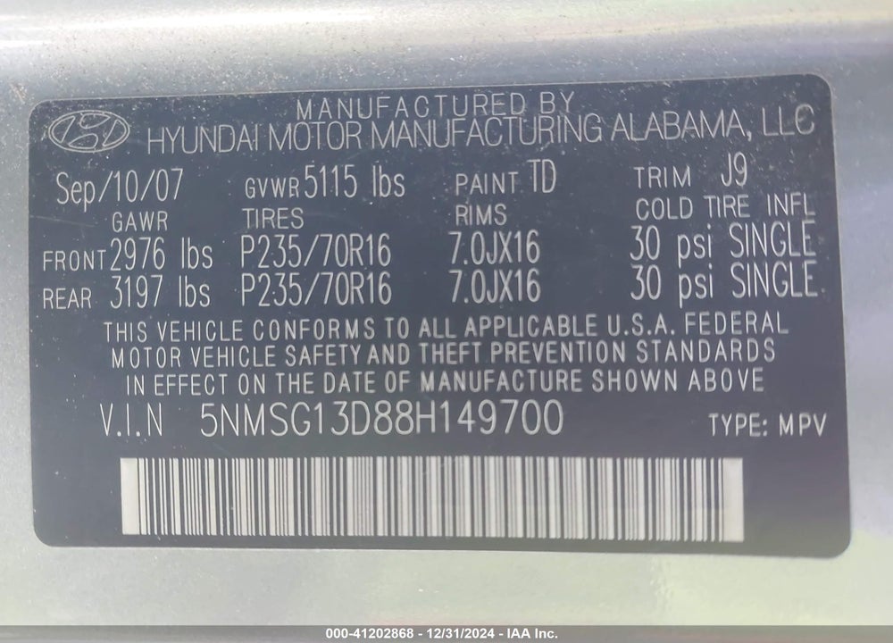 2008 HYUNDAI SANTA FE GLS VIN: 5NMSG13D88H149700