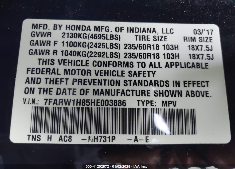 2017 HONDA CR-V EX-L/EX-L NAVI VIN: 7FARW1H85HE003886