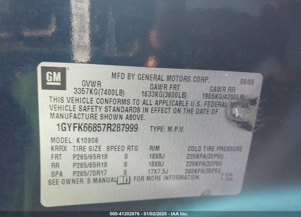 2007 CADILLAC ESCALADE ESV STANDARD VIN: 1GYFK66857R287999