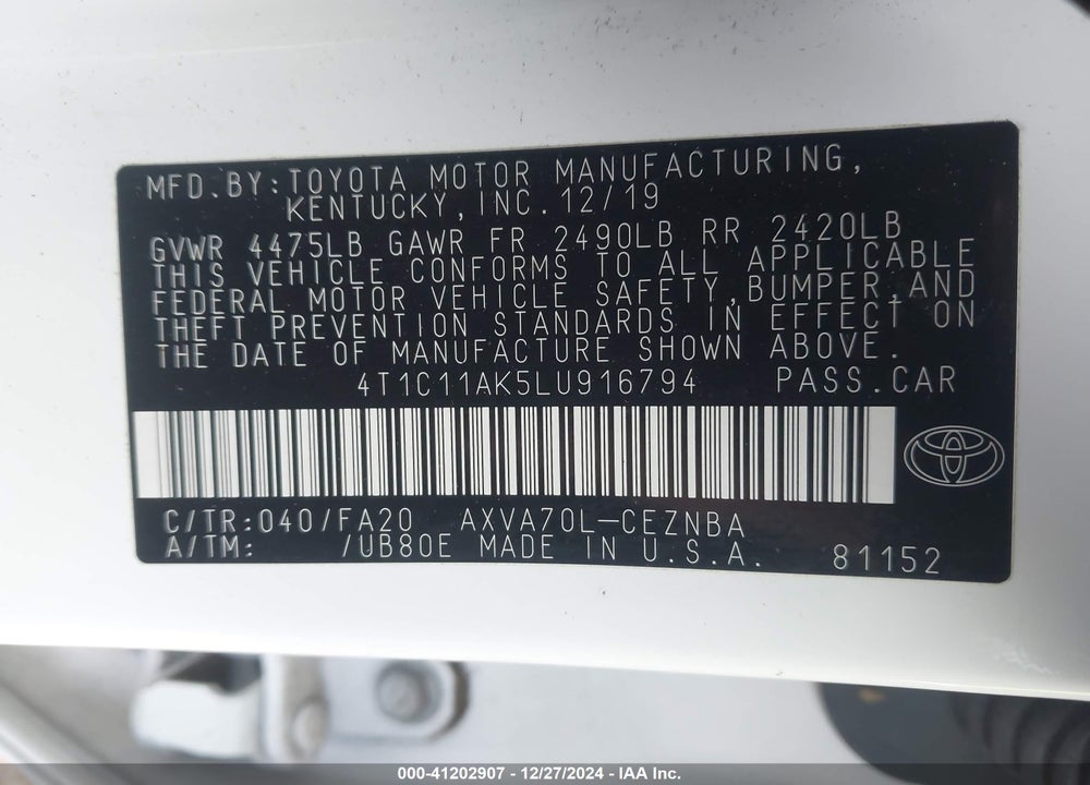 2020 TOYOTA CAMRY LE VIN: 4T1C11AK5LU916794