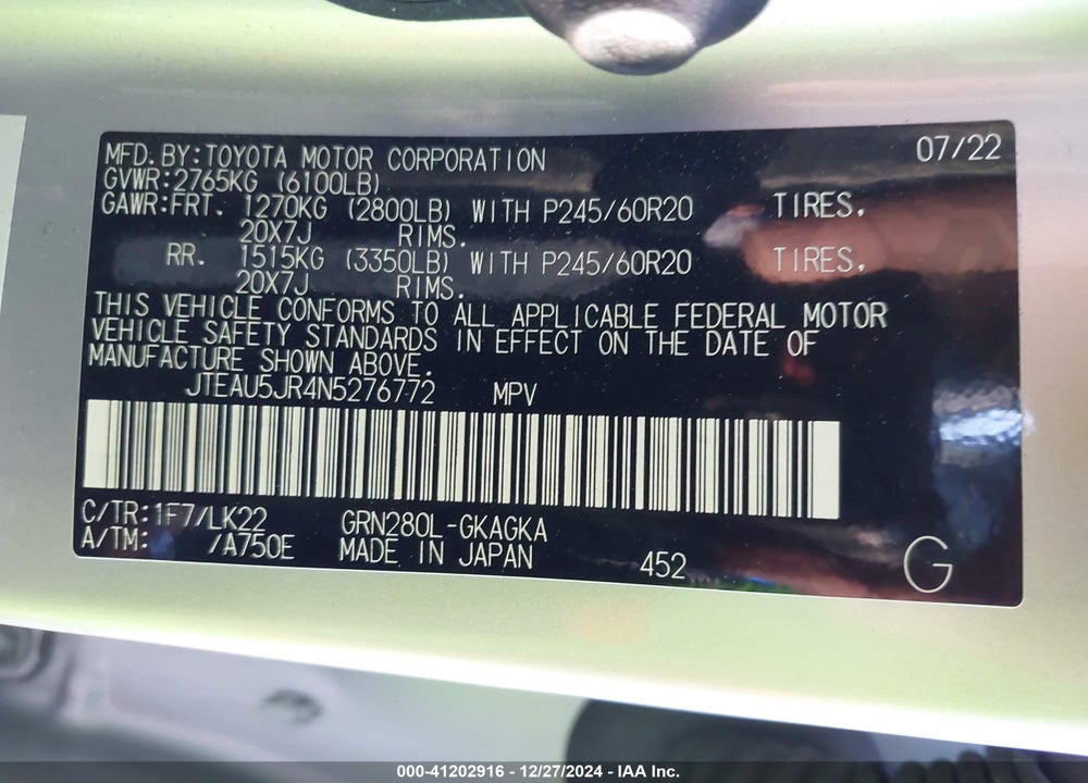 2022 TOYOTA 4RUNNER TRD SPORT VIN: JTEAU5JR4N5276772