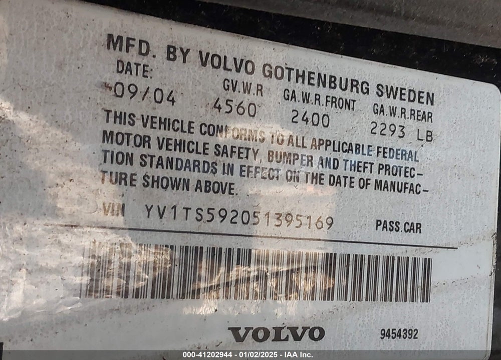 2005 VOLVO S80 2.5T VIN: YV1TS592051395169